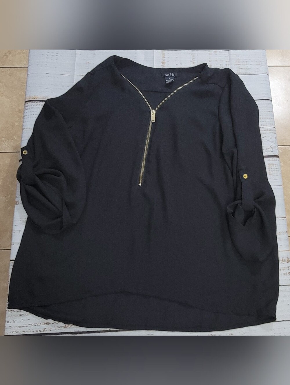 Rue21 Black Zip-Front Roll-Tab Blouse